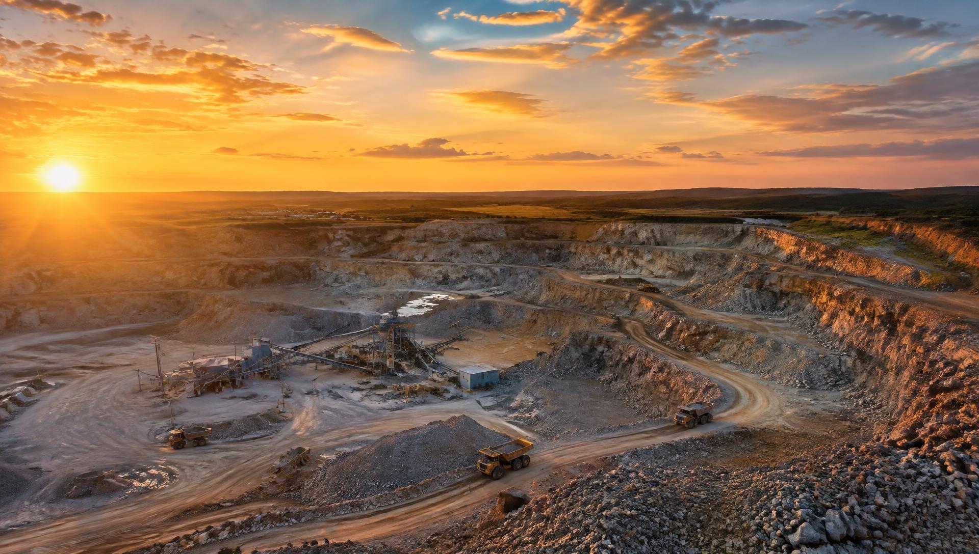 Vista aérea de mineradora com britador e caminhões